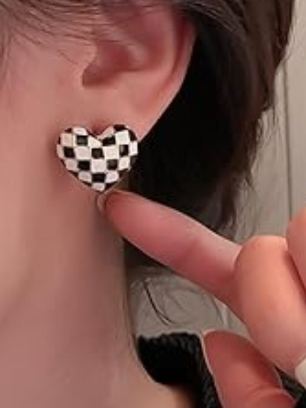 Heart Shaped Checkered Earrings Black and White